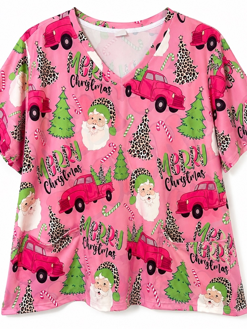 XXLFestive Pink Christmas Women’s V-Neck Scrub Top-Holiday Santa, Leopard Trees